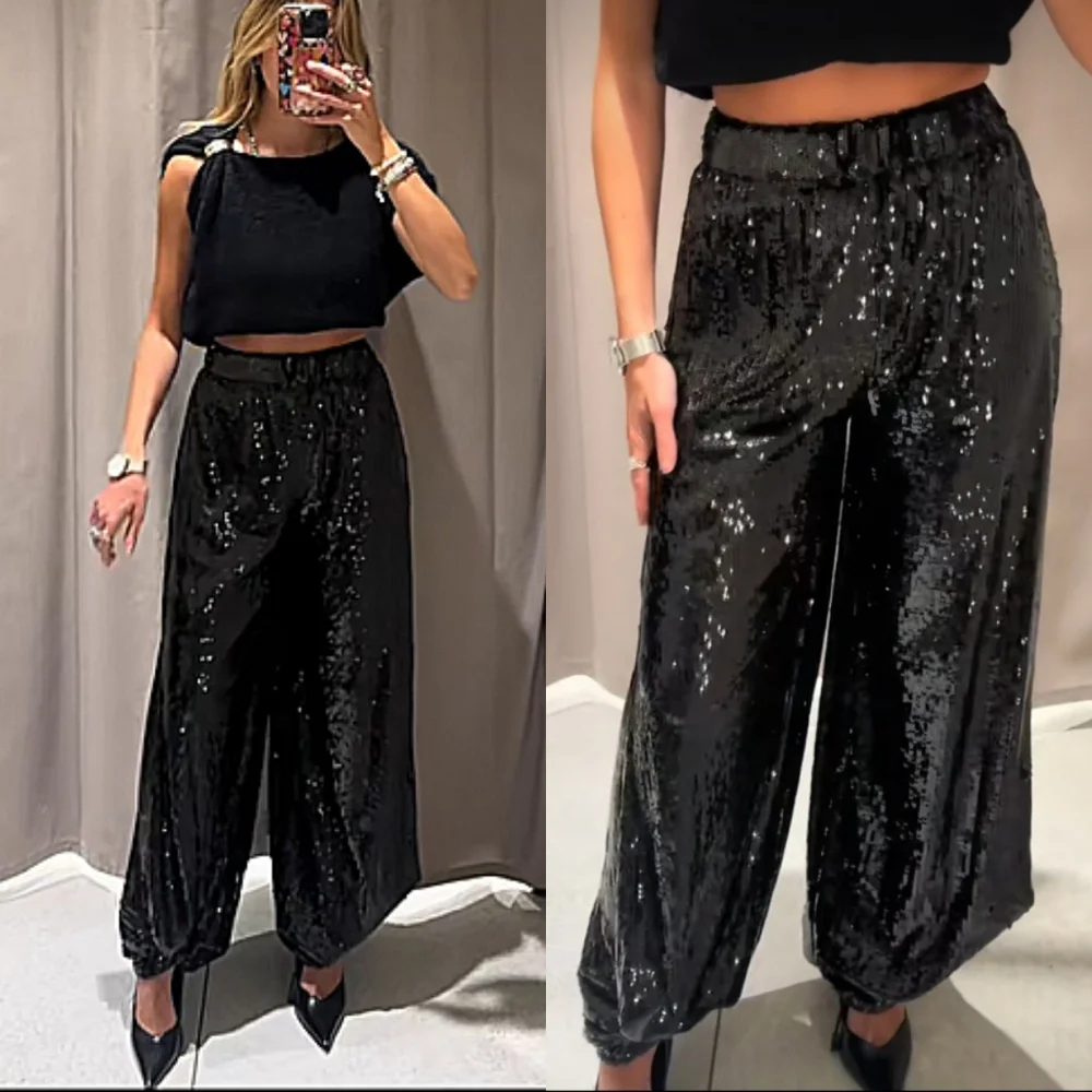 Zara SEQUIN BALLOON PANTS BLACK